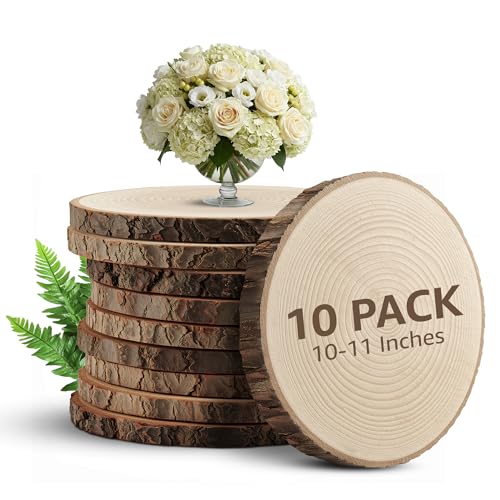 KARAVELLA Large Wood Slices for Centerpieces – Wood Centerpieces for Tables, Rustic Wedding Centerpiece, Natural Wood Slabs, Thin Slices 10-11 inches (10 Pack) - size: 10-11 inches (10 Pack)