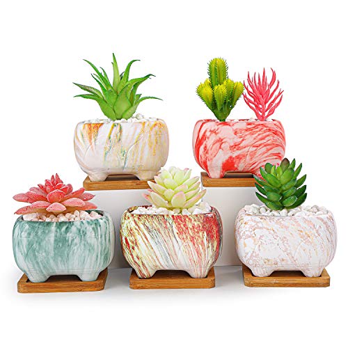 Succulent Pots, 4.7 Inch Rectangular Planters with Drainage Tray Set of 5 | Ceramic Pots for Indoor Plants, Modern Cactus Flower Plant Pots for Windowsill, Office, Home Garden Decor - color: Marble