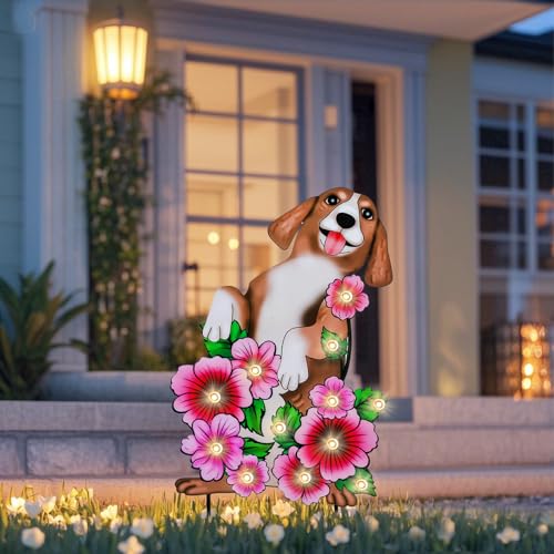 WONDER GARDEN Outdoor Garden Stakes with LED Lighted Flower & Dog Decor | Battery Operated, Yard Sign Stakes, Spring and Summer Decor Garden for Outdoor, Porch, Yard, Flower Bed - color: pink