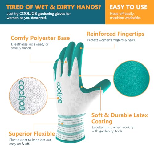 COOLJOB 6 Pairs Gardening Gloves for Women, Breathable Rubber Coated, L | Red & Blue, Textured Latex Palm, Breathable Polyester Liner, Flexible Fit, Machine Washable, Women's Garden Gloves - color: Bright Red, Mint Green, size: Large (Pack of 6)