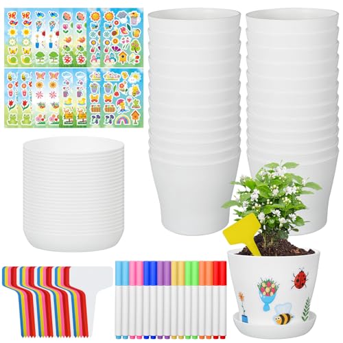 CIEOVO Garden Flower Pot Craft Kit, 24 Paintable Durable Resin Garden Pot with Tray Drainage Holes Adhesive Stickers and Plant Labels, Flower Plant Craft for Classroom Home DIY Flower Planting - color: White