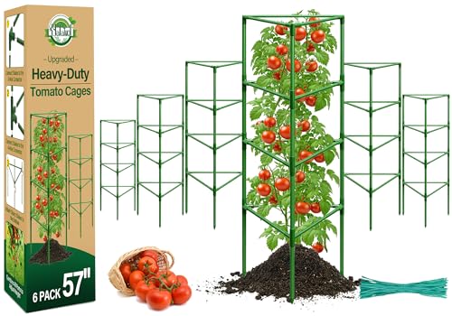 Halatool 57" Tall Tomato Cages, 6 Pack Heavy Duty Plant Support for Garden | Metal Stakes for Raised Beds and Pots, Adjustable Foldable Trellis for Cucumbers, Peppers, Flowers, and Climbing Plants - color: 6pcs, size: 57in