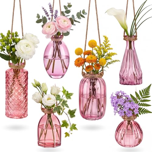 6 Pcs Stained Glass Hanging Vases Colorful Hanging Propagation Vases with Rope Hangings Glass Terrariums Planters Pot for Air Plants Flowers Garden Home Wedding Decor(Pink Series) - color: Pink Series