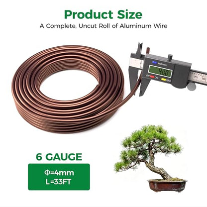 Flexible Bonsai Wire, Anodized Aluminum Crafts Wire, 6 Gauge Brown | 4mm 33FT Aluminum Wire for Garden, Plants, Sculpting, Bonsai Tree, Jewelry Making, Easy to Bend&Cut - color: Aluminum, size: 33FT4mm
