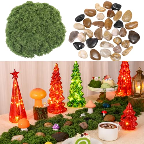 Solsew Fake Green Moss and Stone Decoration Set for Table Centerpiece