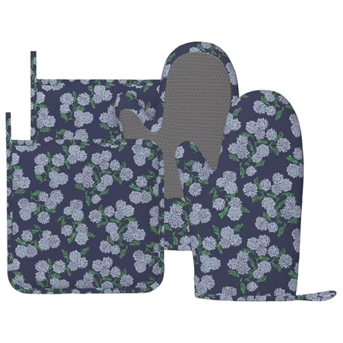 Navy Blue Floral Oven Mitts and Pot Holders for Heat Resistant Blue Green Hydrangea Flower Silicone Oven Mittens and Farmhouse Potholders Gloves Hot Pads for Kitchen Cooking Baking Grilling - color: Green Blue