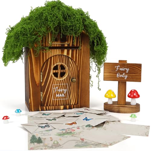 Woodland Fairy Mailbox w/Fake Moss Roof, Magical Wooden Mail Box | 30 Fairies Letters, Envelopes, Fairyland Map & Mushrooms – Enchanting Fairy Garden Decor & Pretend Play Fairy Kit for Kids