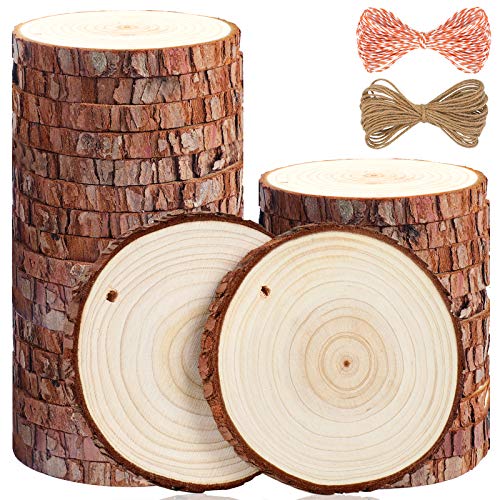 Natural Wood Slices - 30 Pcs 3.5-4 inches Craft Unfinished Wood kit Predrilled with Hole Wooden Circles for Arts Wood Slices Christmas Ornaments DIY Crafts - size: 30pcs(3.5"-4.0")
