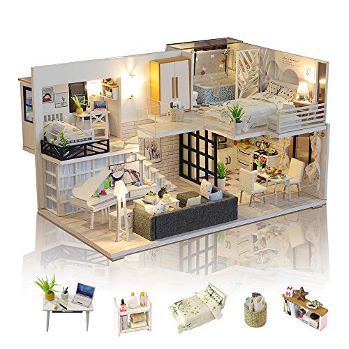 GuDoQi DIY Miniature Dollhouse Kit with Furniture, Tiny House kit 1:24 Scale, Need to Assemble Around 30 Hours, Great Handmade Crafts Gift for Birthday, Christmas, Life House(No Dust Cover) - color: Multicolored C