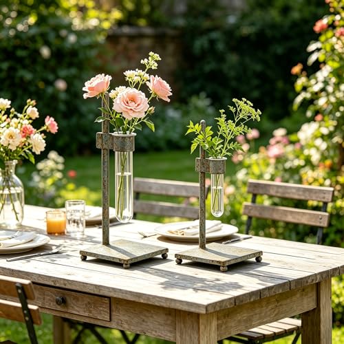 Retro Test Tube Vase Set of 2, Rustic Metal Plant Propagation Station with Clear Glass Tubes, Hydroponic Planter for Home Office Tabletop Decor, Ideal Gifts for Women Mom Plant Lovers (Blue) - color: Blue