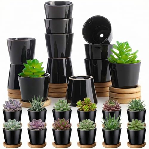 Hsei 24 Pack 2.5 Inch Mini Ceramic Succulent Pots with Bamboo Trays, Black - color: Black
