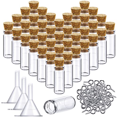 Yungyan 50 Pieces Small Mini Glass Bottles Jars with Cork Stoppers Set, Tiny Cork Glass Bottles with Eye Screws and Small Funnel for Decoration, Art Crafts, DIY Projects, Party Favors(5ml) - size: 5ml