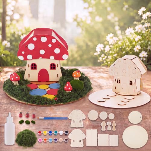 Kathfly 2 Sets Wooden Fairy House DIY Craft Kit for Kids with Paints & Decorations,Unpainted Miniature Garden Accessories for Home Event Party Decorations, Arts Birthday Party Favor (Mushroom Houses) - color: Mushroom Houses