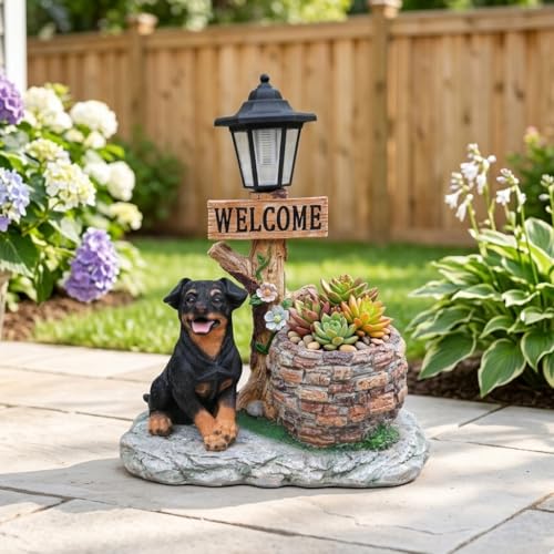 Rottweiler Dog Welcome Garden Statue - with Solar Powered Light and Stone Well Planter, 18.5" Heavy Duty 9.2 lbs Resin Dog Decor for Yard, 15.4" Wide Outdoor Pet Sculpture Ornament - color: Miniature Pinscher Left