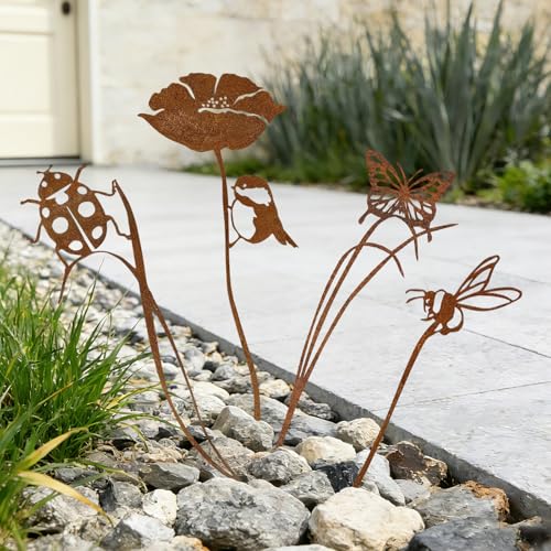 4-Pack Metal Garden Stakes for Outdoor, Rustic Bird Bee Butterfly Ladybug | Outdoor-Resistant Metal, Vintage Rust Finish, Cute Insect Shapes, For Flower Bed Planters Patio Lawn, Gifts for Garden Lovers - color: Rusty Insect: 4-pack