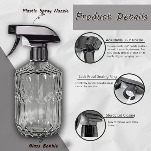 Glass Plant Mister Bottle, 15oz, Dark Grey, Adjustable Nozzle | Refillable Spray Bottle, Small Handheld Water Spray Bottle for Indoor Flowers, Outdoor Gardening, Cleaning, Pets Care, Hair - color: Dark Grey