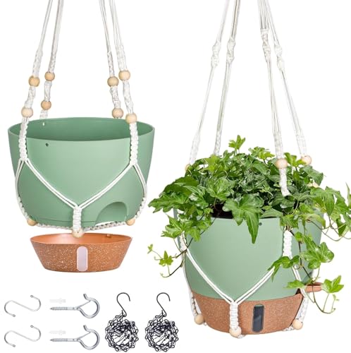 10 Inch Hanging Planters for Indoor Plants, 2 Pack, Self Watering | Hanging Baskets Flower Pots with Drainage Holes, Visible Reservoir, Metal Chain & Macrame Plant Hangers for Outdoor Plants - color: Green, size: 10 Inch