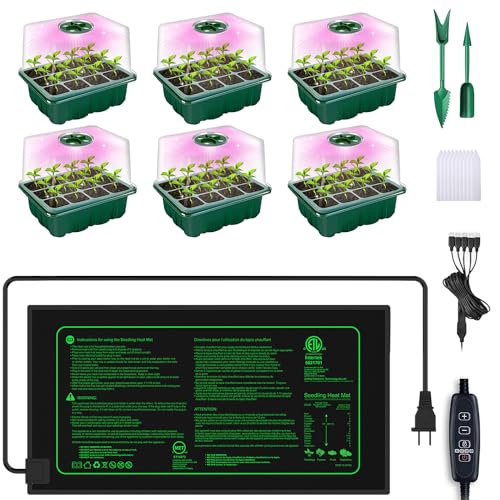 Seed Starter Trays with Grow Lights and Heat Mat, Plant Starting Kit 4 Timing Set Humidity Domes Heightened Lids for Small Mini Greenhouse Germination Seeds Growing Starting (6SET 6TRAY 72 SMALL CELL) - color: Green