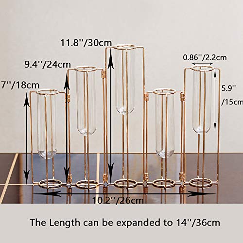 Hinged Flower Vases Test Tube Flower Vase with 5 Test Tubes Gold Metal Frame can be Bent and Contorted, Propagation Station Plant Holder Tubos De Ensayo for Home Wedding Decor, Balcony