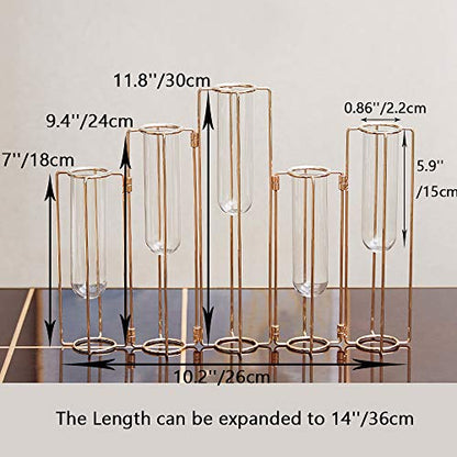 Hinged Flower Vases Test Tube Flower Vase with 5 Test Tubes Gold Metal Frame can be Bent and Contorted, Propagation Station Plant Holder Tubos De Ensayo for Home Wedding Decor, Balcony