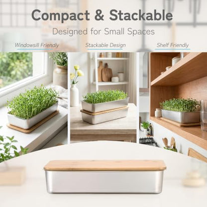 Microgreens Growing Kit – Stackable Stainless Steel Sprouting Tray with Wood Lid, Sprouts Growing Kit for Indoor Gardening in Small Spaces, Kitchen, or Windowsill – No Seeds Included