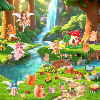40Pcs Fairy Garden Accessories Miniature Garden Ornaments Kit with Mini Animal Plant Fairies Furniture House Figures Bulk for Micro Landscape DIY Terrarium Potted Plants Dollhouse Decor