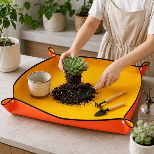 Waterproof Plant Repotting Mat for Indoor Gardening, Foldable Potting Mat,19.7" x 19.7" Square Transplanting Pad with Copper Buckles for Mess Control,Orange - color: Orange, size: 19.7"x19.7"