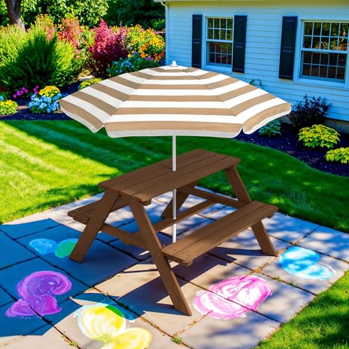 Best Choice Products Wooden Kids Picnic Table with Umbrella, Outdoor Activity Table Set with Built-in Benches, 220 lb Capacity per Bench - Beige - color: Beige