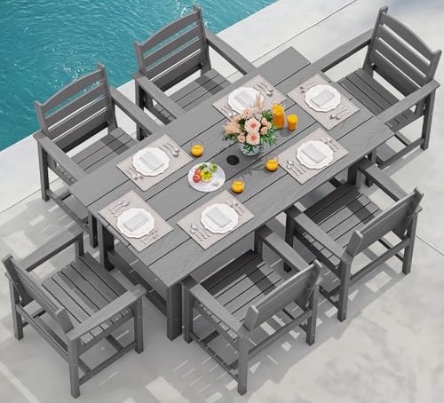 SERWALL 7 Pcs Outdoor Dining Set, 67" HDPE Dining Set for 6, Gray - color: Grey, size: 7-Piece (1 Table + 6 Chairs)
