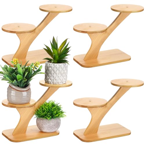 4 Pcs Bamboo Plant Stand for Indoor 3 Tiers Succulent Windowsill Shelf Small Tabletop Plant Flower Holders for Home Garden Patio Lover Gift Office Living Room Bedroom Decoration