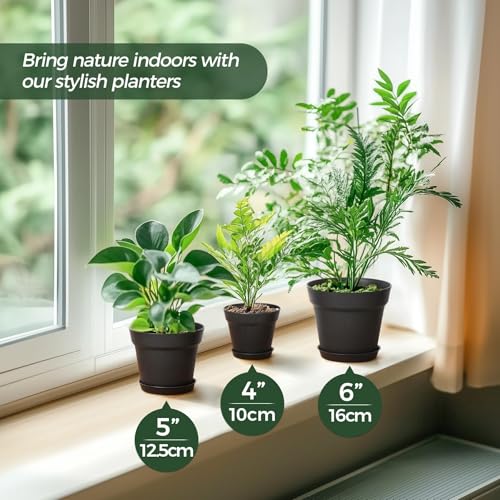 T4U 7.5 Inch Plant Pots 6 Pcs, Flower Pots for Indoor Plants Plastic Pots for Plants with Drainage Holes and Saucer, Planters for Indoor Plants for House Cactus Succulent Black | Indoor houseplant use, Peace lily orchid and herbs, Drainage design, Lightwe