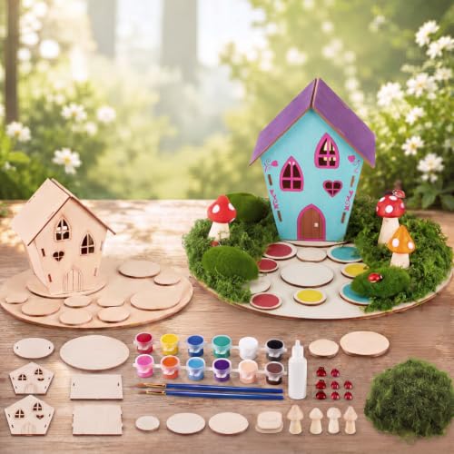 Kathfly 2 Sets Wooden Fairy House DIY Kit, Craft, Fairy House - color: Fairy House
