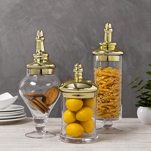 MyGift 3 Piece Clear Glass Apothecary Jars with Metallic Brass Tone Lids | Multi Room Use, Elegant Display, Keeps Essentials Organized, Decorative Accent, Countertop Styling, Versatile Home Décor - color: Brass