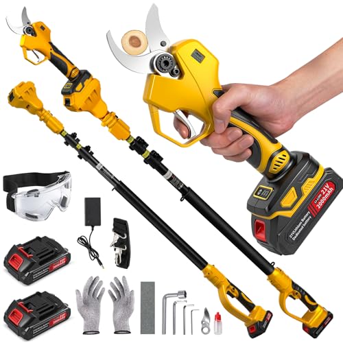 2-in-1 Cordless Pruning Shears, 2.5" Cutting Size & 15 ft Max Reach | Electric Pruner Includes 2x 21V 2000mAh Batteries, LCD Display & SK5 Steel Blades, Ideal for Tree Trimming & Branch Cutting