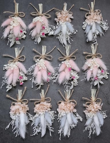 Mini Dried Flower Bouquet Set (12 pcs), Pink Bouquet, Birthday Cake Arrangement, Bridesmaid Flower Girl Proposal Gift Box, Groom Corsage(Pink) - color: Pink