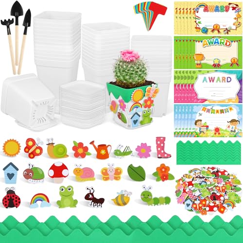 Elcoho 36 Set Garden Plastic Pot Craft Kit Plant Spring Craft Kits Flower Pots with 150 Foam Stickers 36 Labels 24 Certificate of Awards 3 Tools Planting Growing Kit, White - color: White