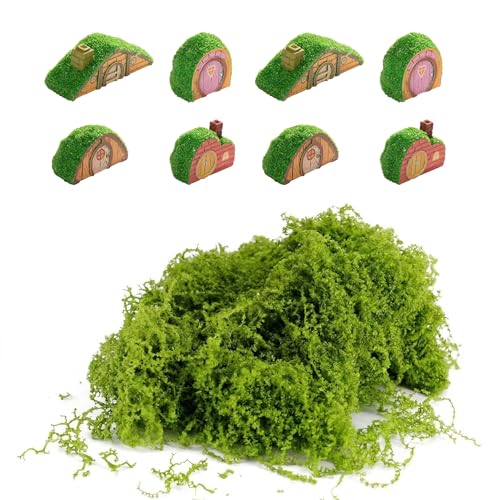 Fake Moss for Crafts & 8PCS Miniature Fairy Garden Houses - 5.3oz Green Artificial Moss for Potted Plants, Realistic Faux Moss Decor for DIY Terrariums, Miniature Landscapes & Table Centerpieces