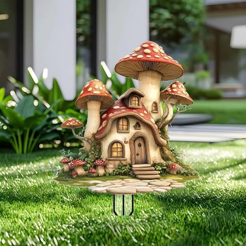 Mushrooms Garden Stakes Decor Yard Acrylic - 2D Spring Garden Acrylic Sign Decoration, Yard Art, Gift for Nature Lovers, for Indoor & Outdoor Flower Pots, Yard, Mini Gardens & Lawn (5.9”x5.9”) Y03