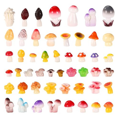 100pcs Mini Resin Mushrooms, 50 Style Tiny Small Fake Mushrooms Figurines Miniature Figures Trinkets Toy Decorations for Vase Filler Micro Landscape Mini Garden Dollhouse Terrarium Decor Accessories