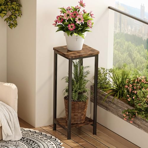 Homeiju Plant Stand Indoor, 2 Tier Wood Corner Plant Stand, Modern Square Plant Shelf Flower Stand for Living Room Patio Balcony Garden, Rustic Brown