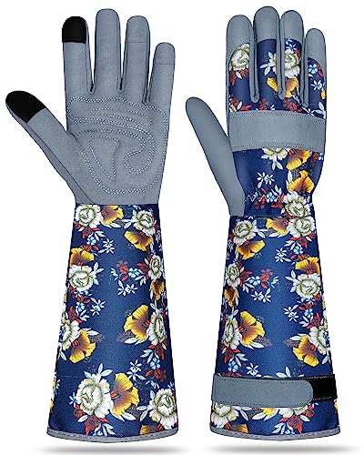 Long Gardening Gloves for Women Thorn Proof Leather Garden Gloves Breathable Working Gloves for Women Yard Outdoor - color: Navy Blue-large