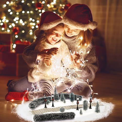 Hotop 18pc Christmas Village Accessories 47.2 Inch Village Roads Mini Snowy Trees Streets Light Lamppost Hedge Figurines Set for Display Winter Holiday Decorations DIY Crafts No Batteries(Cool) - style: Cool