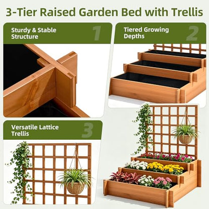 43" 3-Tier Fir Wood Raised Garden Bed Planter with Trellis | Fir wood tiered planter with trellis, liners, and 3 growing beds for flowers, herbs, veggies, vines, patio, or yard - color: 3-tier Raised Garden Bed With Trellis