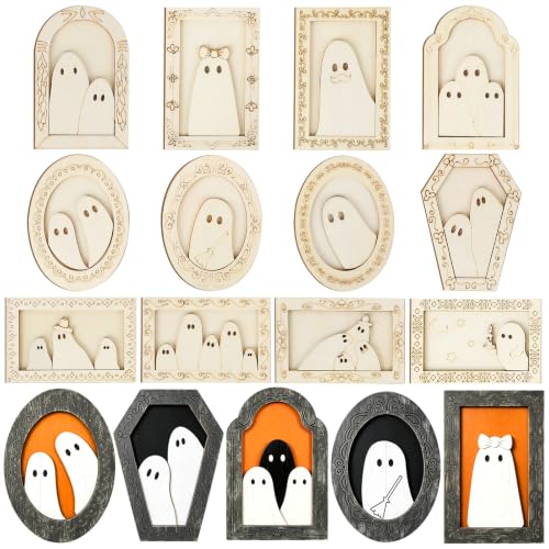 12 Pcs Halloween Crafts Wooden Ghost DIY Frames Decorating Unfinished Wood Painting Ghost Craft Ornaments Fall Halloween Arts and Crafts Kits for Adults Kids Haunted House Activities Party Supplies