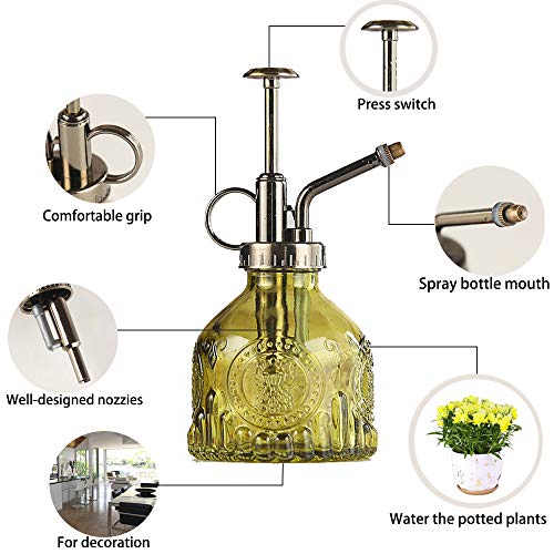 Plant Mister Glass Spray Bottle Small Plant Watering Can 6.4" Tall Retro Indoor Watering Can Bronze Plastic Top Pump for Garden Indoor Plant Sprayer - color: Army Green
