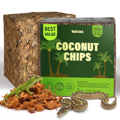 Coconut Chips Substrate, 10 lb Reptile Bedding Expands to 72 qt | Coconut husk chips, expands to 72 qt, terrarium bedding for reptiles, orchid bark, tropical plant mulch, made in Vietnam - size: 10 Lbs (Pack of 1)