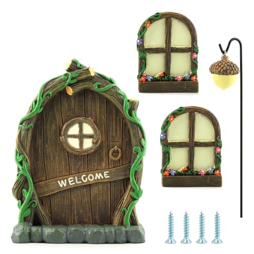Miniature Fairy Door and Windows Garden Kit Accessories,Glow in The Dark Fairy Door Windows Yard Art Sculpture Decoration Garden Decor(Wood)