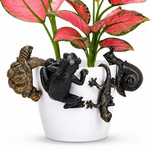 Set of 4 Cute Climbing Animal Flower Pot Hugger Figurines, Small Resin Hanging Frog Tortoise Snail Gecko Statue, Planter Pot Decoration for Home Garden Fence Balcony Patio Lawn Yard Ornaments
