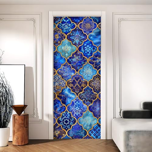 Moroccan Tile Door Sticker, Blue Gold Door Cover, 30.3x78.7in - color: Colorful3251