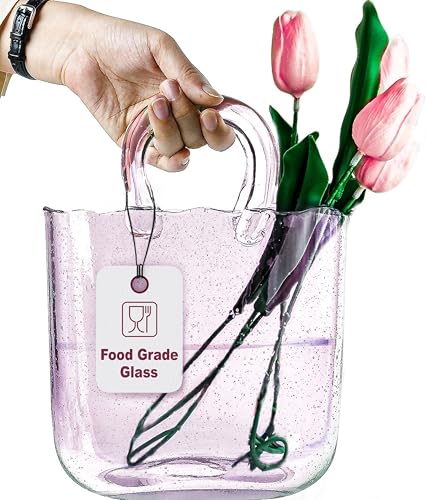OLEEK Handmade Glass Purse Vase for Flowers and Drinks - 10 in - Cute Pink Centerpiece & Fish Bowl - Unique Handbag Flower Vase - Wide Mouth Decorative - color: Pink